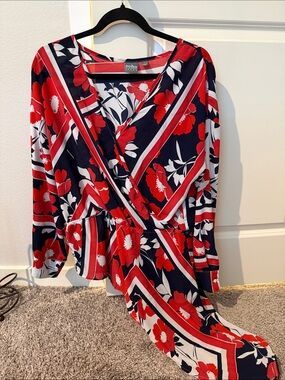 Soho Red and Navy Floral Faux-Wrap Blouse